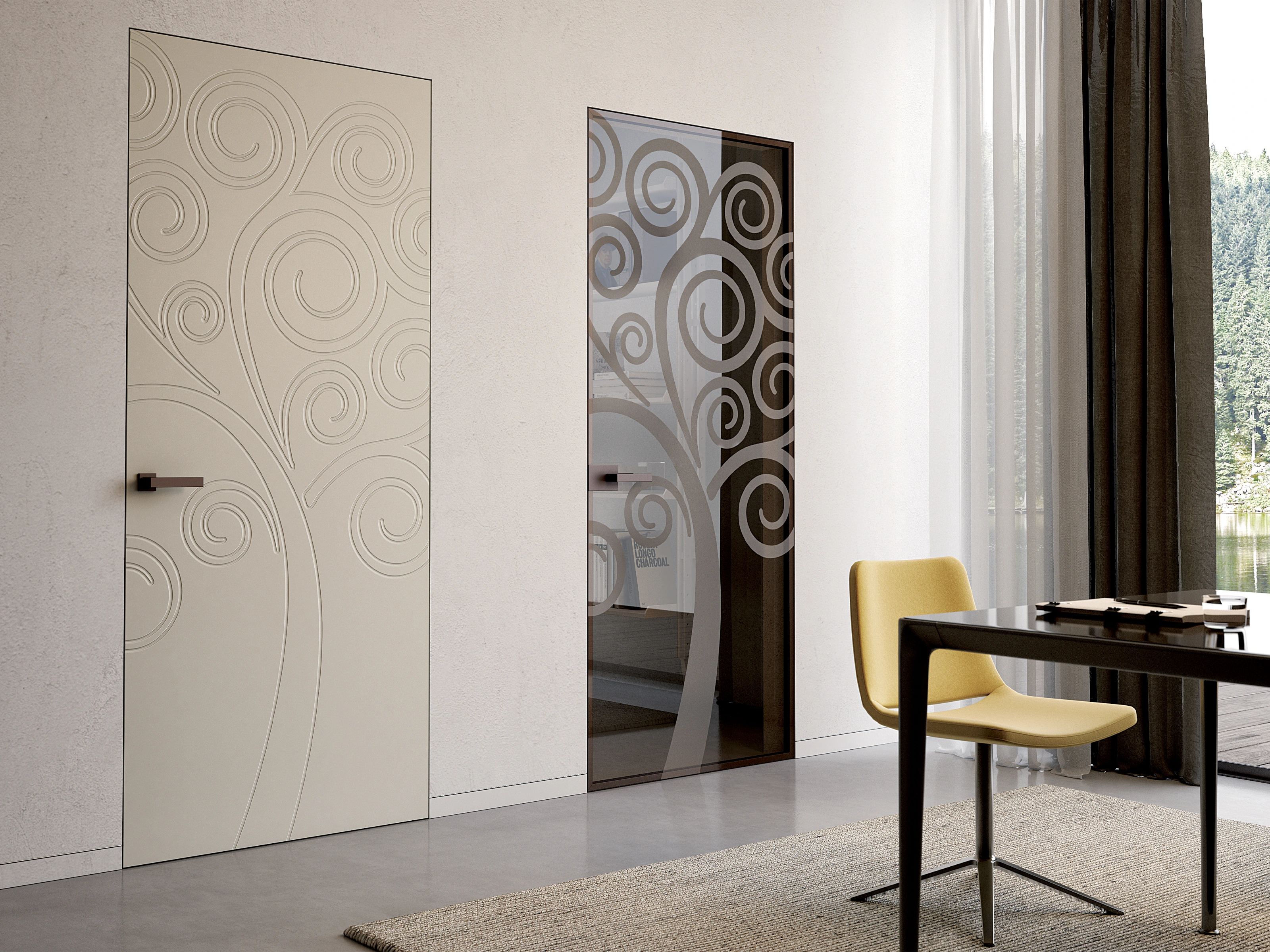 Cream and glass Design doors with sculpted swirling patterns.