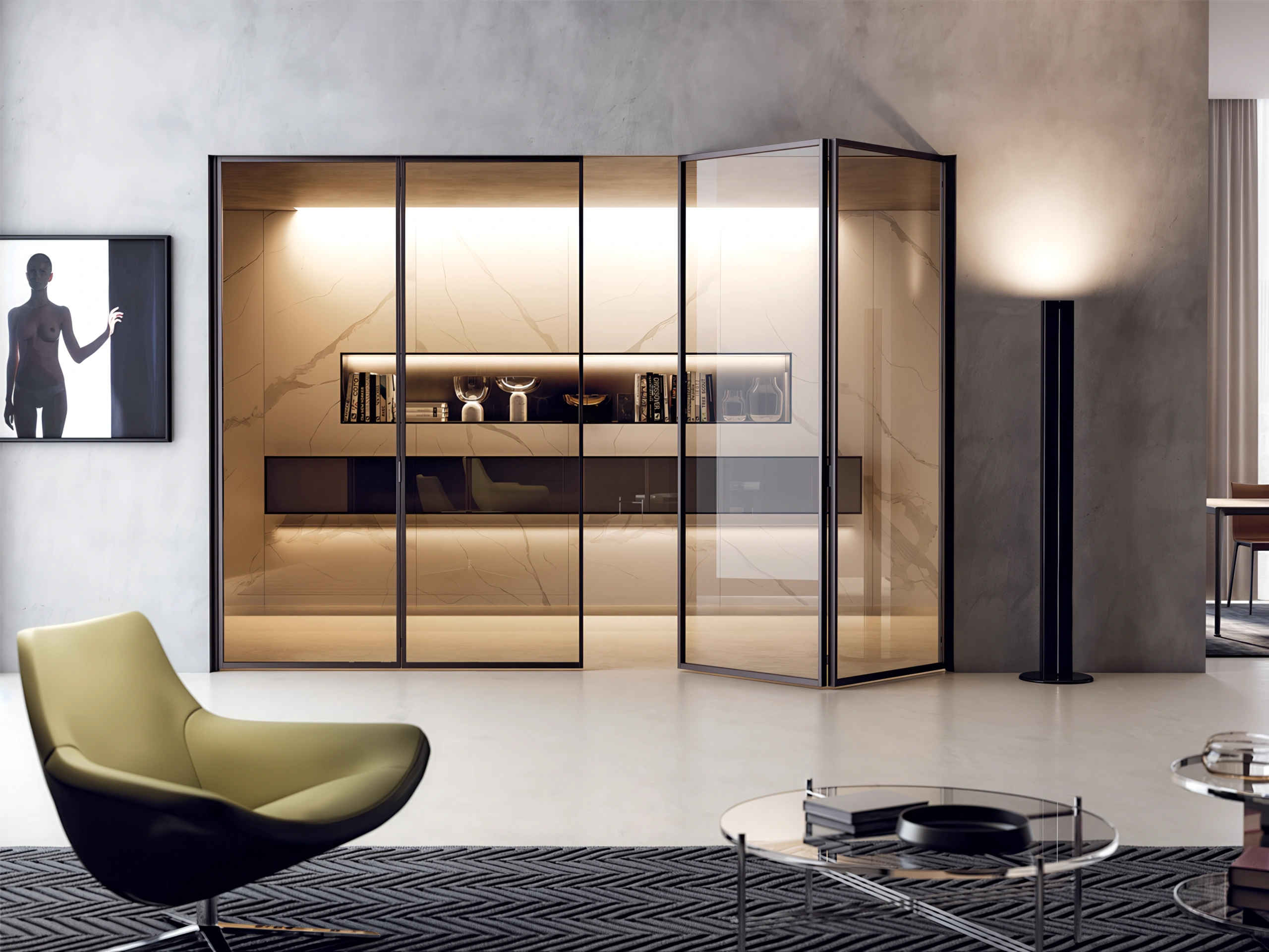 Black-framed glass doors enclosing an illuminated study beside a living room.