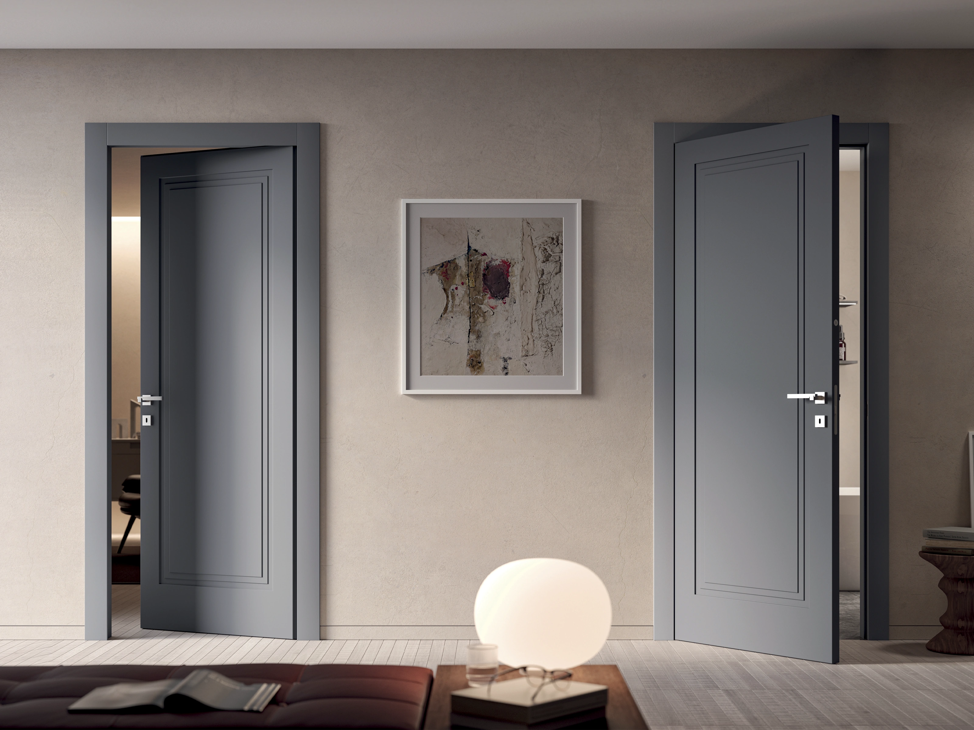 Two charcoal lacquered panel doors in a warm neutral interior.