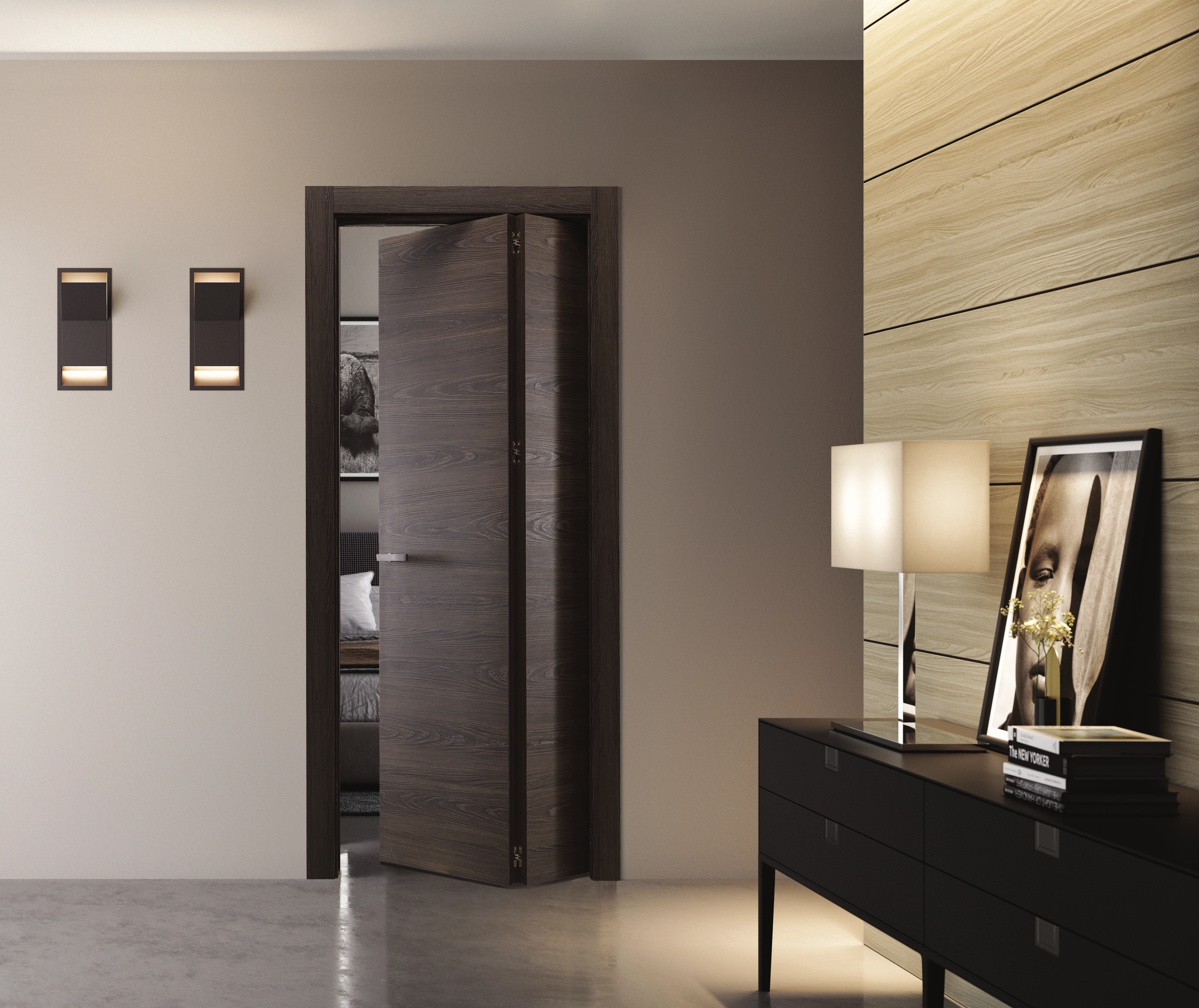 A dark timber-effect folding door beside a console and wood-panelled wall.