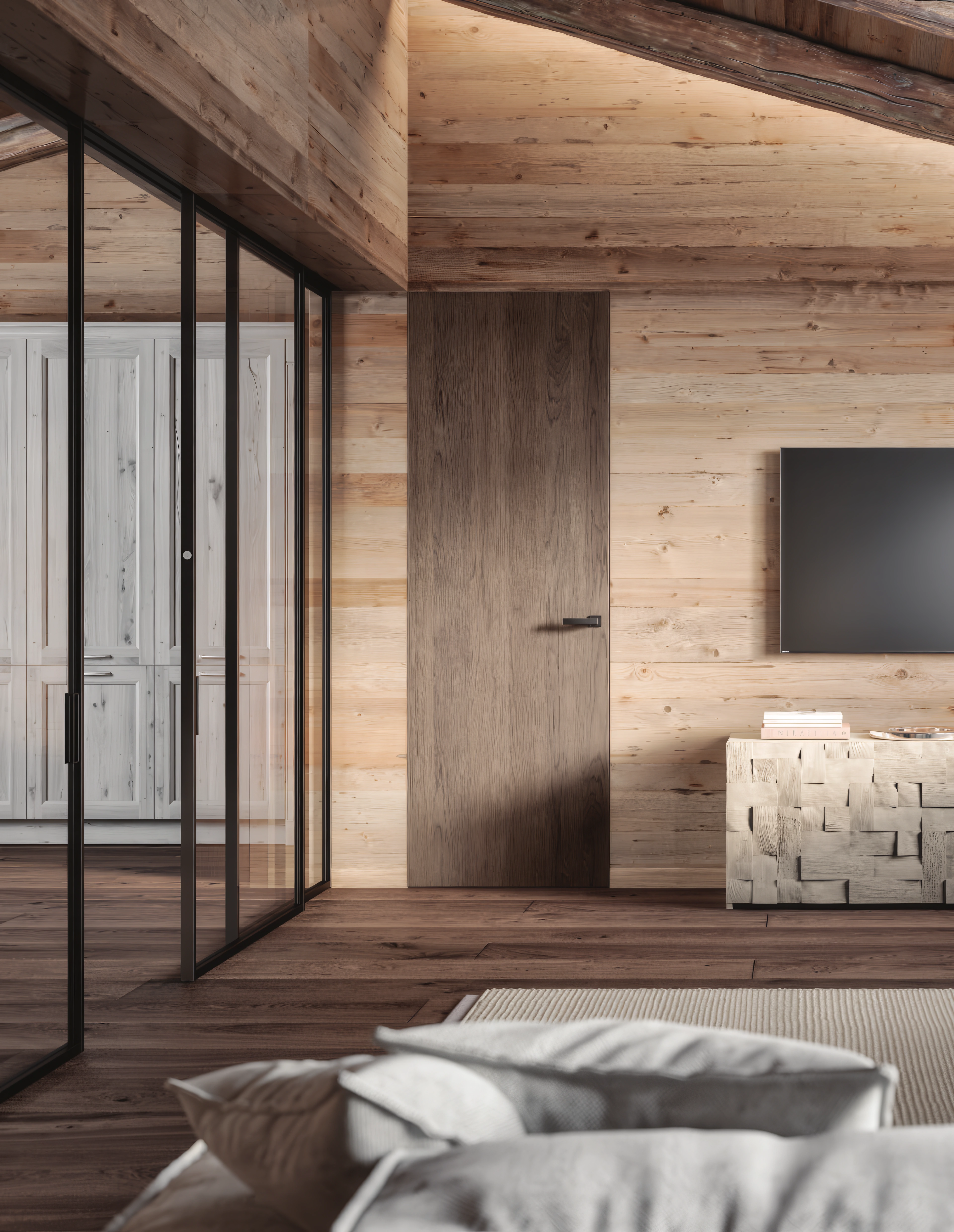 A timber veneer door set into wood-clad walls beside black-framed glass partitions.